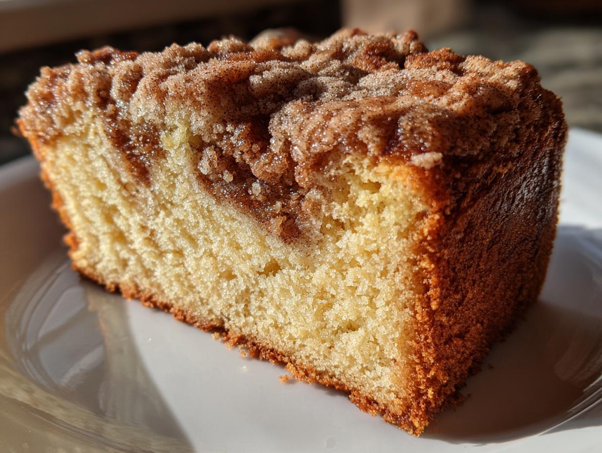 Close-up of a moist slice of coffee cake featuring a thick, sugary cinnamon crumb topping.
