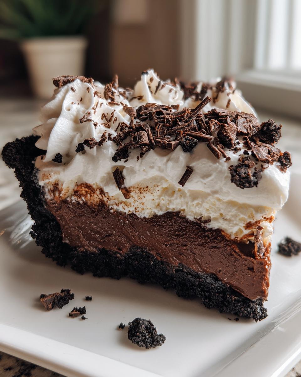 A decadent slice of 4-layer mud pie featuring a dark crust, rich chocolate filling, whipped topping, and chocolate shavings.