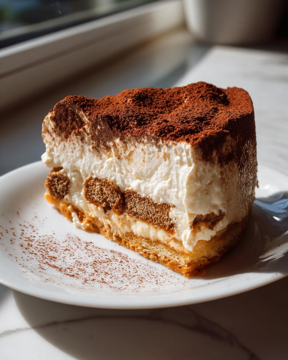 A decadent slice of tiramisu cheesecake featuring layers of cream, soaked ladyfingers, and a heavy dusting of cocoa powder.