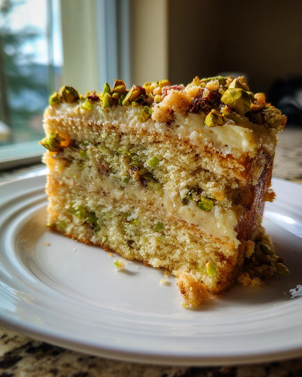 A tall slice of pistachio coffee cake with visible green pistachio pieces, cream frosting, and chopped nuts on top.