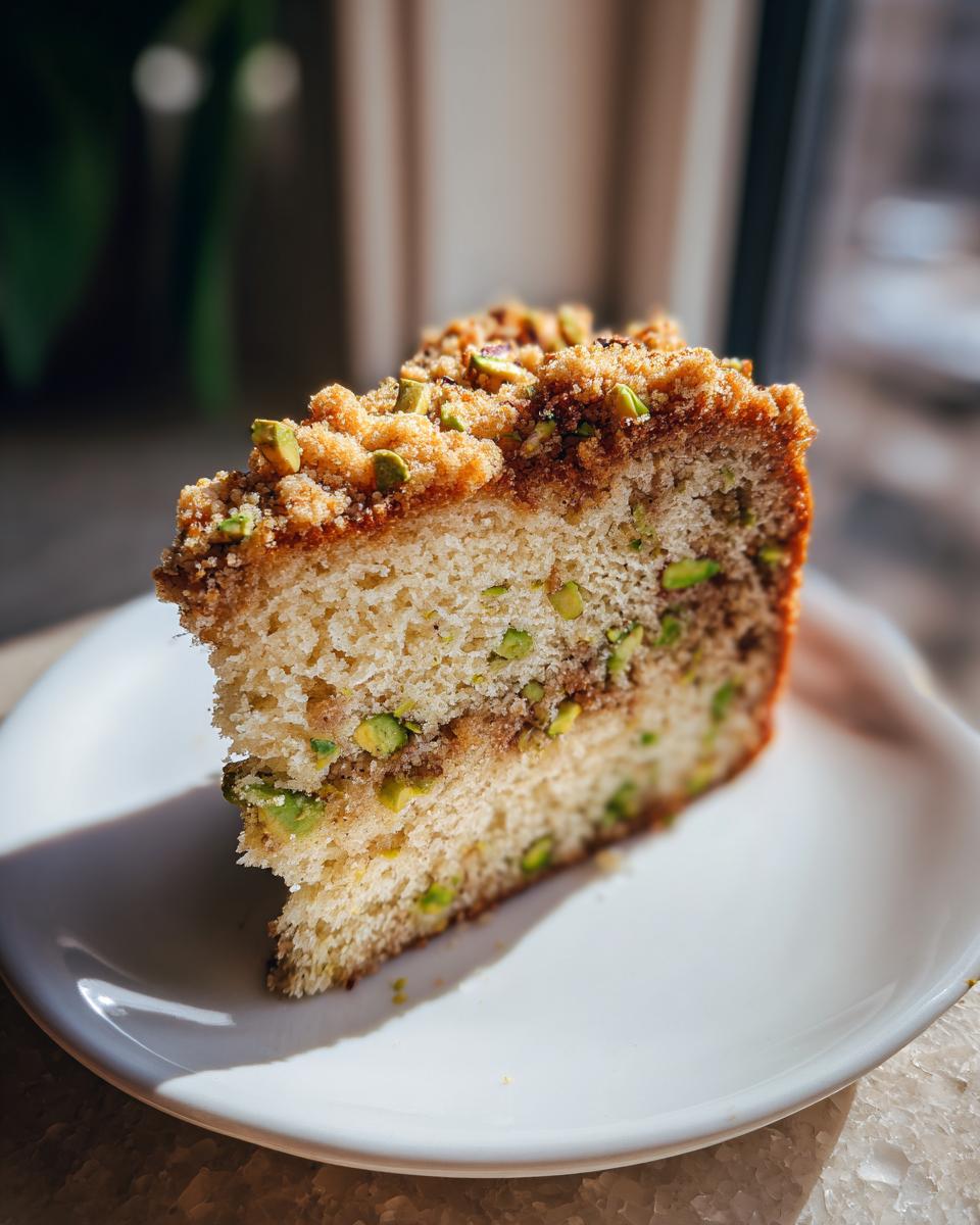 A tall slice of pistachio coffee cake featuring visible green pistachio pieces and a crumbly streusel topping, served on a white plate.