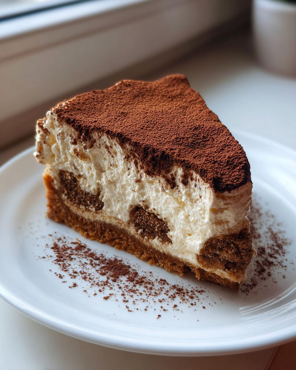 A perfect slice of tiramisu cheesecake with a creamy white filling, visible coffee-soaked cake pieces, and a heavy dusting of cocoa powder.
