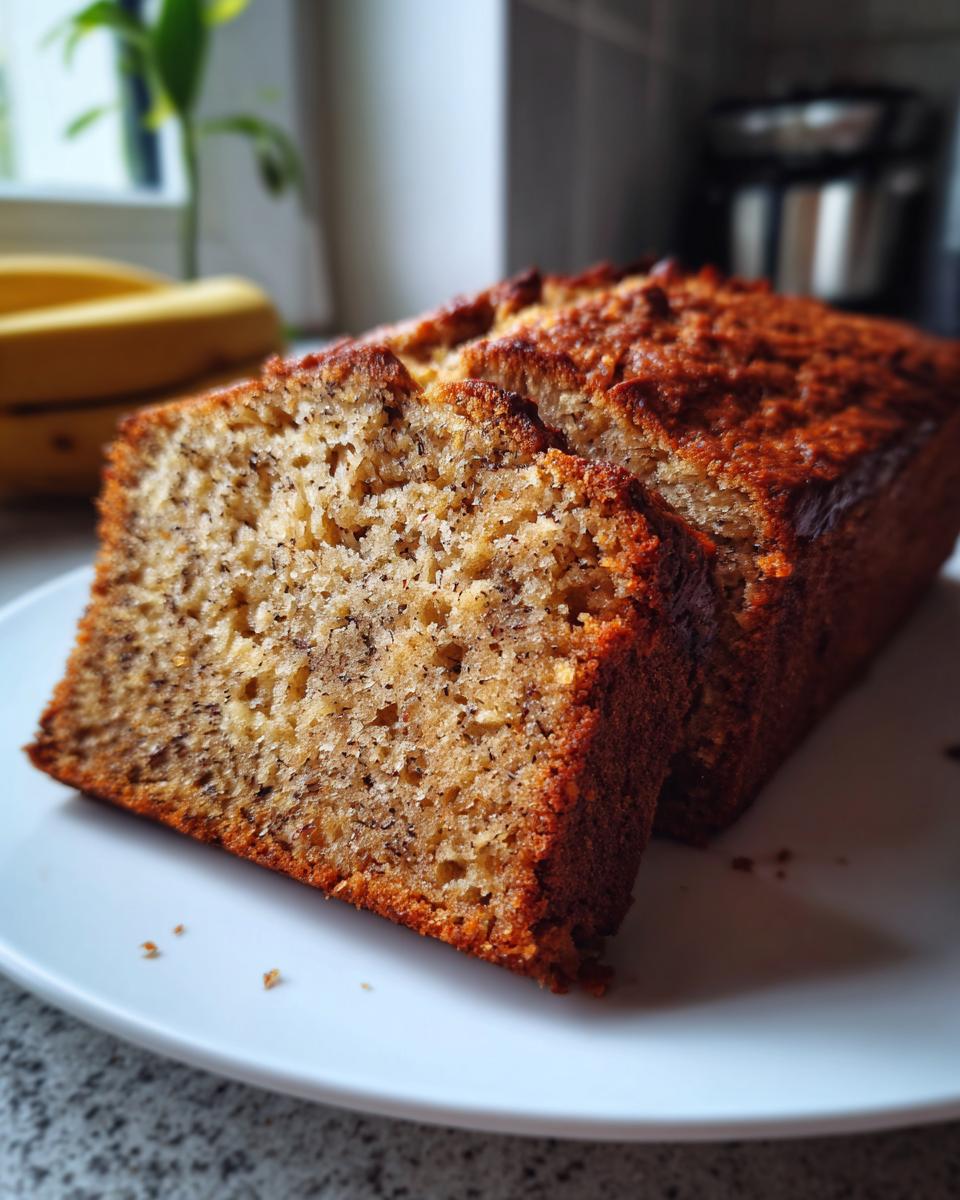 Close-up of two thick slices cut from a golden brown banana bread recipe loaf on a white plate.