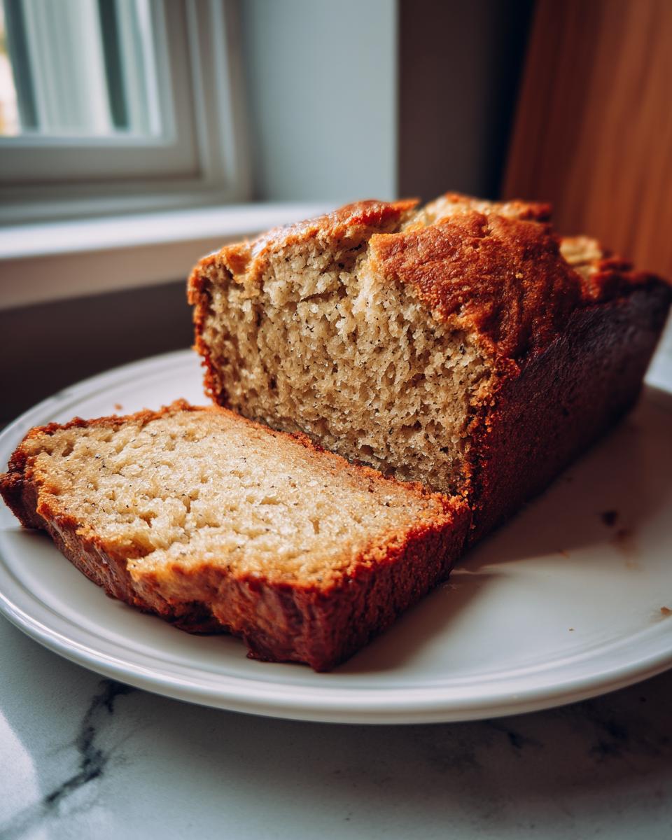 A freshly baked loaf of banana bread recipe, partially sliced, resting on a white plate.