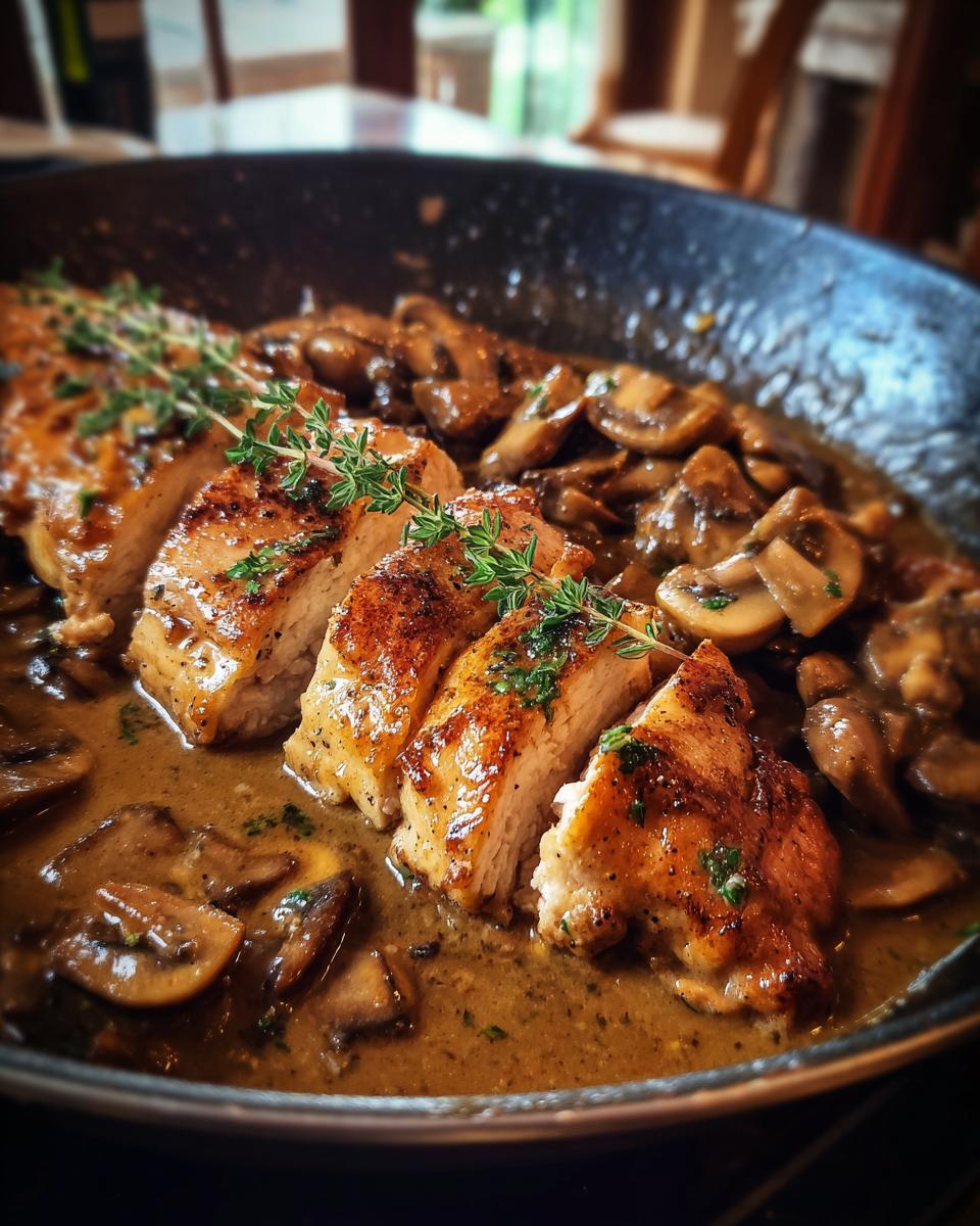 Close-up of sliced chicken marsala breasts served in a rich mushroom sauce and garnished with fresh thyme sprigs.