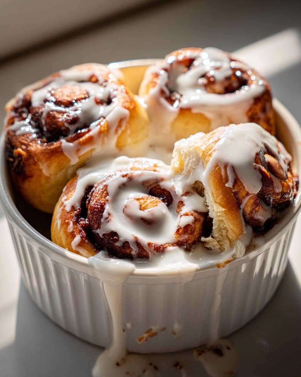 Three gooey small batch cinnamon rolls covered in thick white icing, served in a white ramekin.