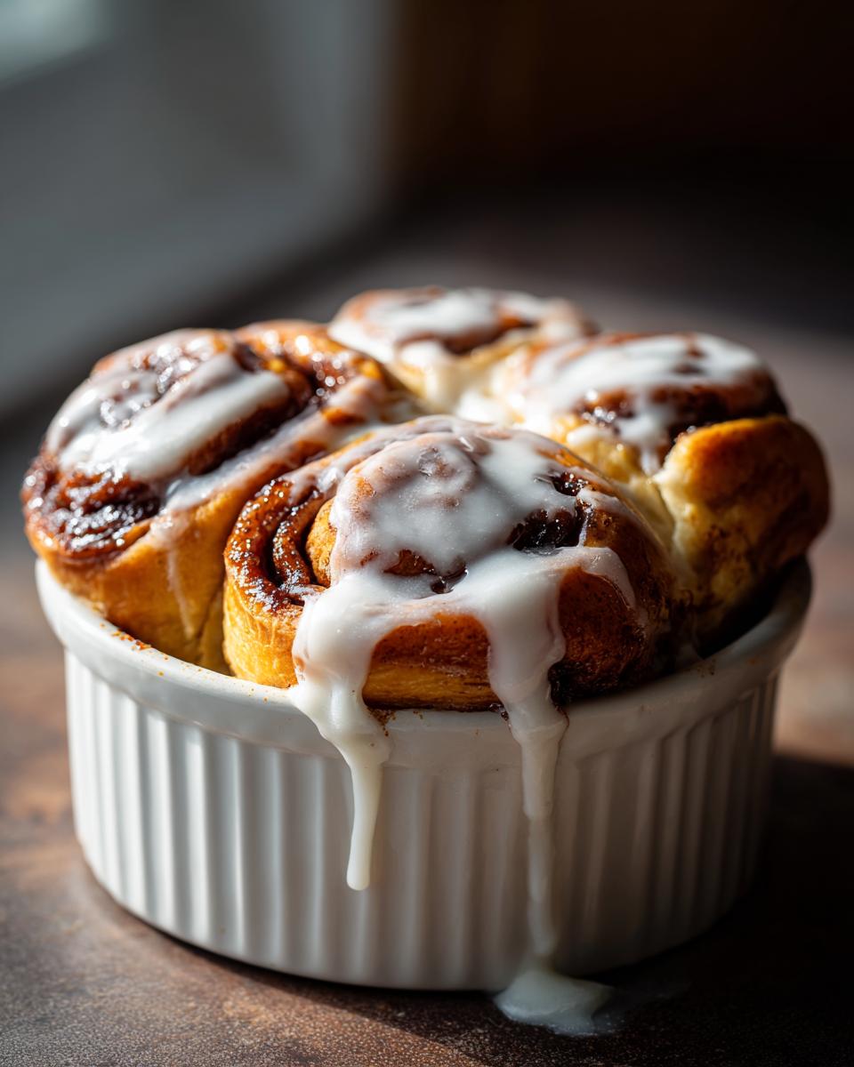 Four freshly baked small batch cinnamon rolls topped with thick white icing, served in a white ramekin.