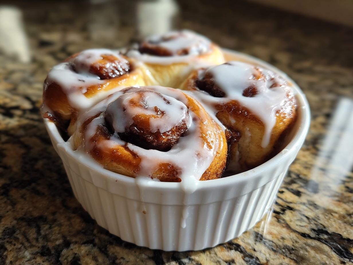 Four freshly baked small batch cinnamon rolls topped with thick white icing, nestled in a white fluted ramekin.