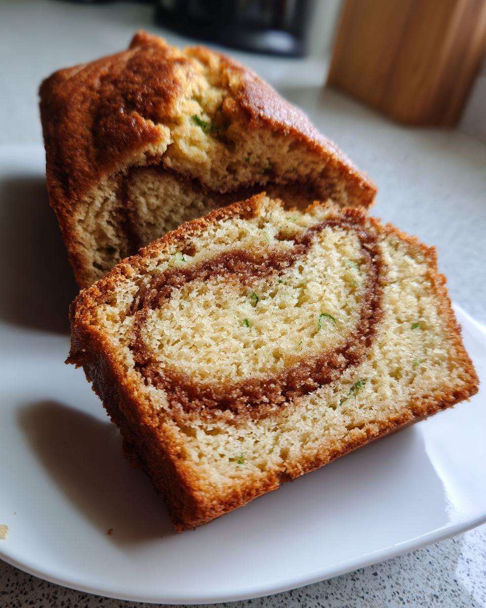Close-up of a slice of snickerdoodle zucchini bread showing a prominent cinnamon swirl and flecks of green zucchini.