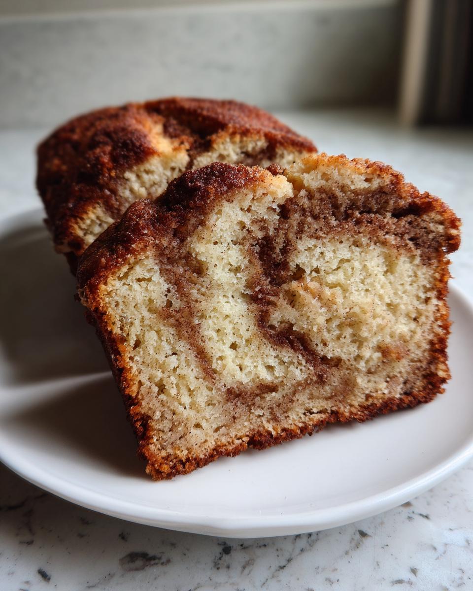 Two thick slices of moist snickerdoodle zucchini bread showing a cinnamon swirl texture on a white plate.