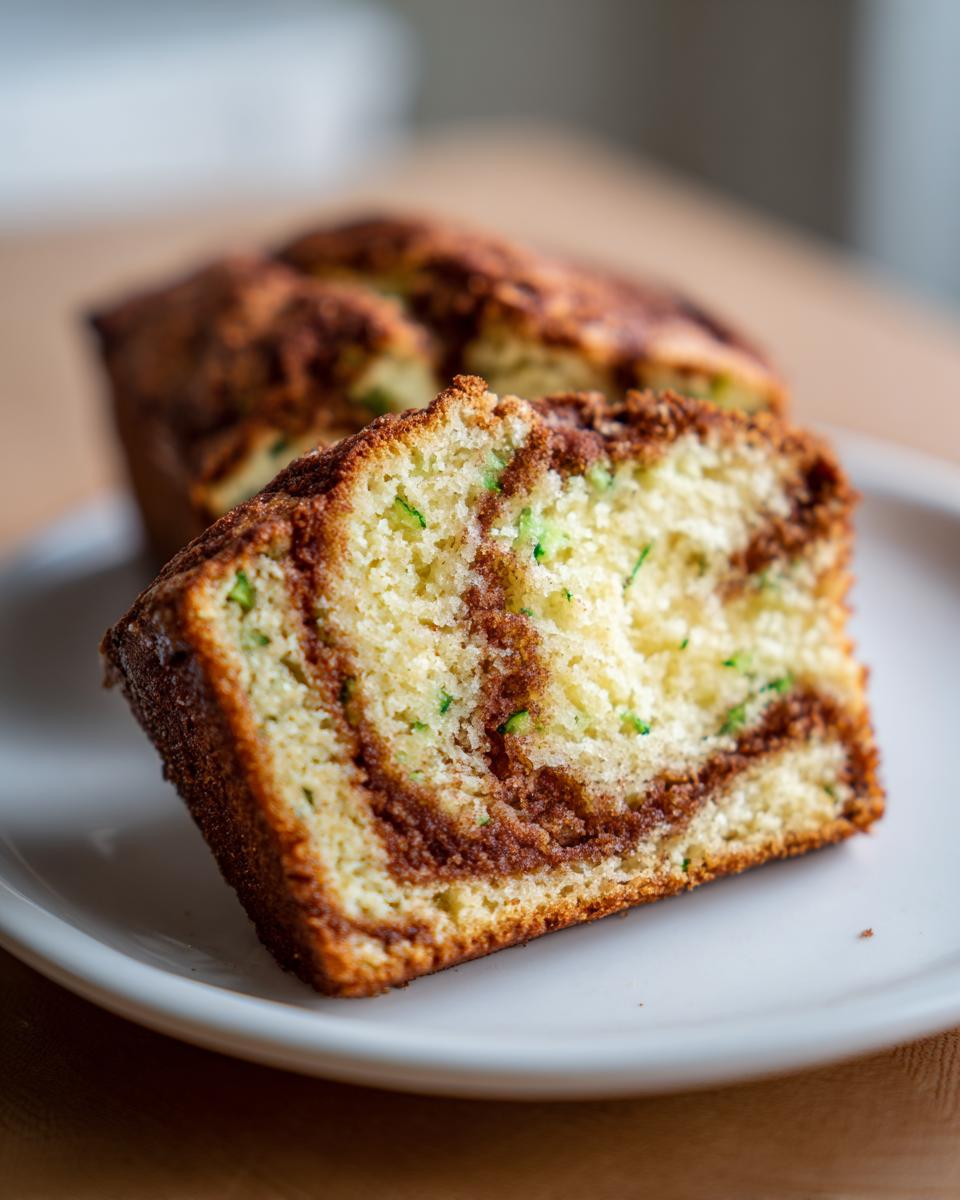 Close-up of a slice of snickerdoodle zucchini bread showing the moist crumb, green zucchini flecks, and a rich cinnamon swirl.