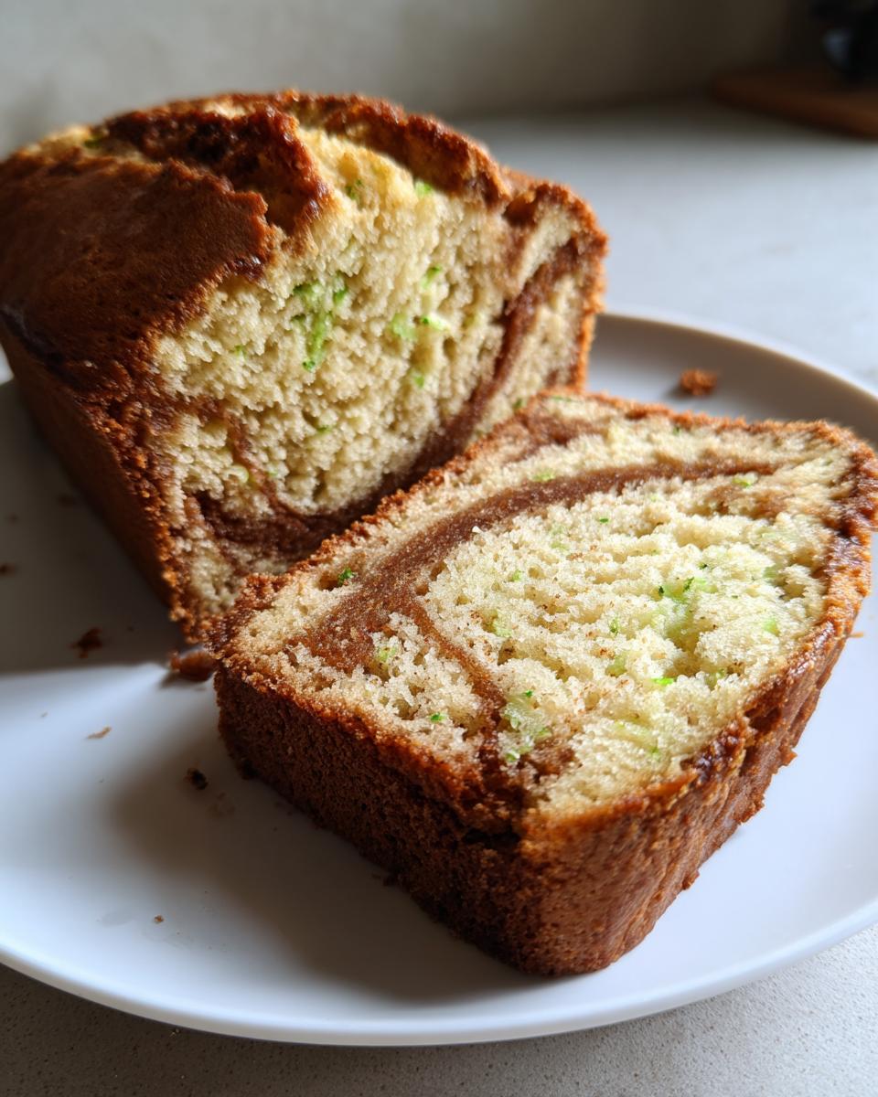 Close-up of sliced snickerdoodle zucchini bread showing a moist crumb with green zucchini flecks and a cinnamon swirl.
