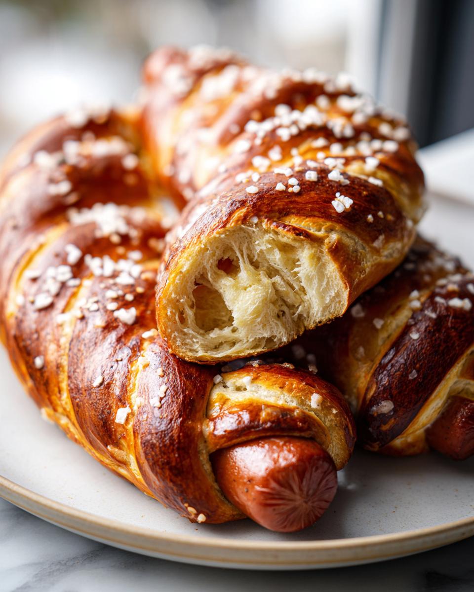 Close-up of homemade pretzel dogs showing the fluffy interior bread and a plump sausage wrapped in dark, shiny pretzel dough sprinkled with coarse salt.