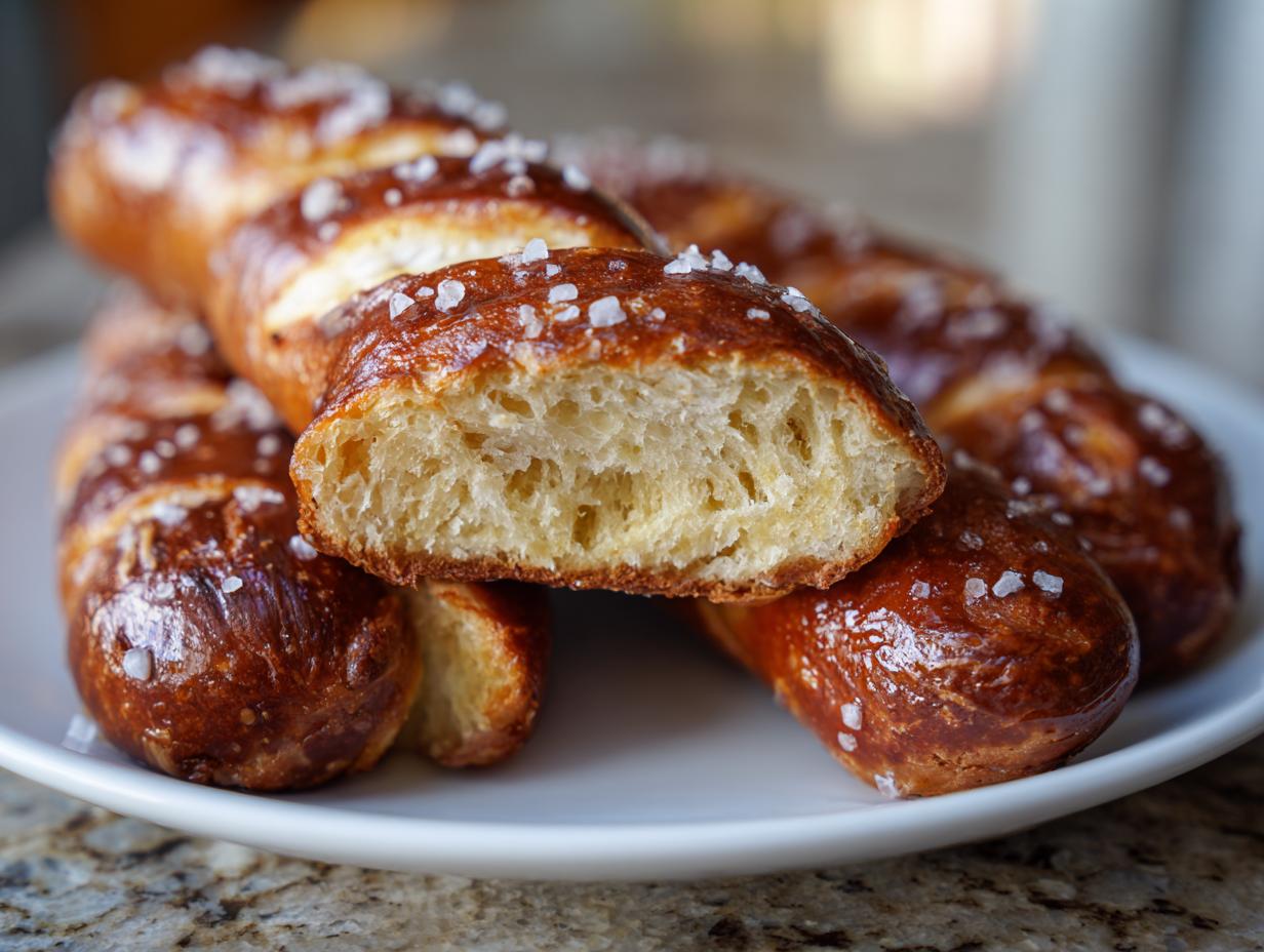 Cross-section view showing the soft, airy interior crumb of homemade pretzel dogs topped with coarse salt.