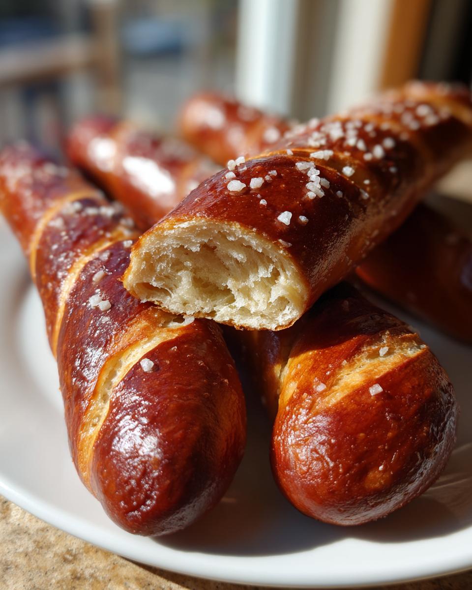 Close-up of several homemade pretzel dogs, one cut open showing the soft interior and coarse salt topping.