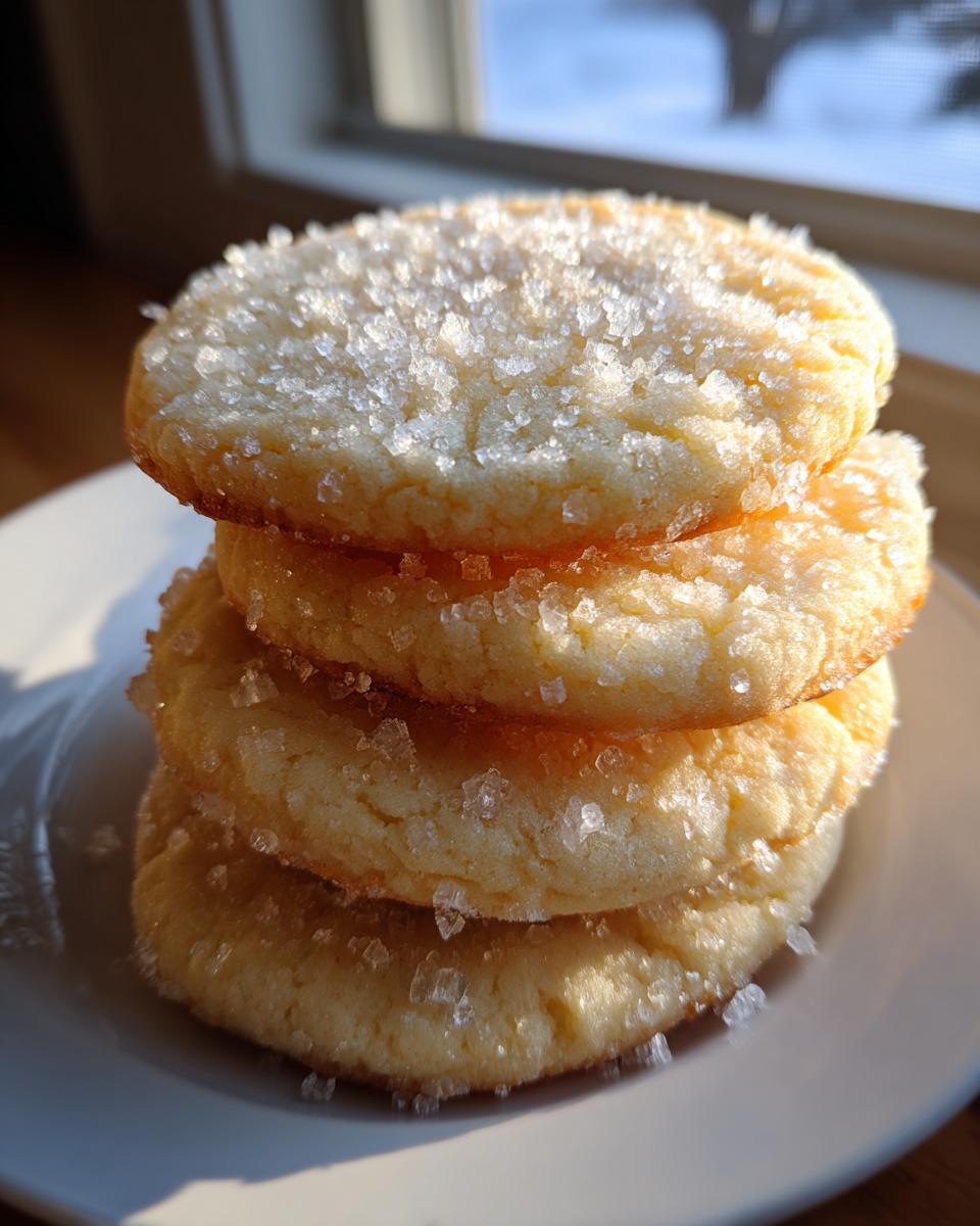 A stack of four soft sugar cookies generously topped with sparkling coarse sugar crystals.