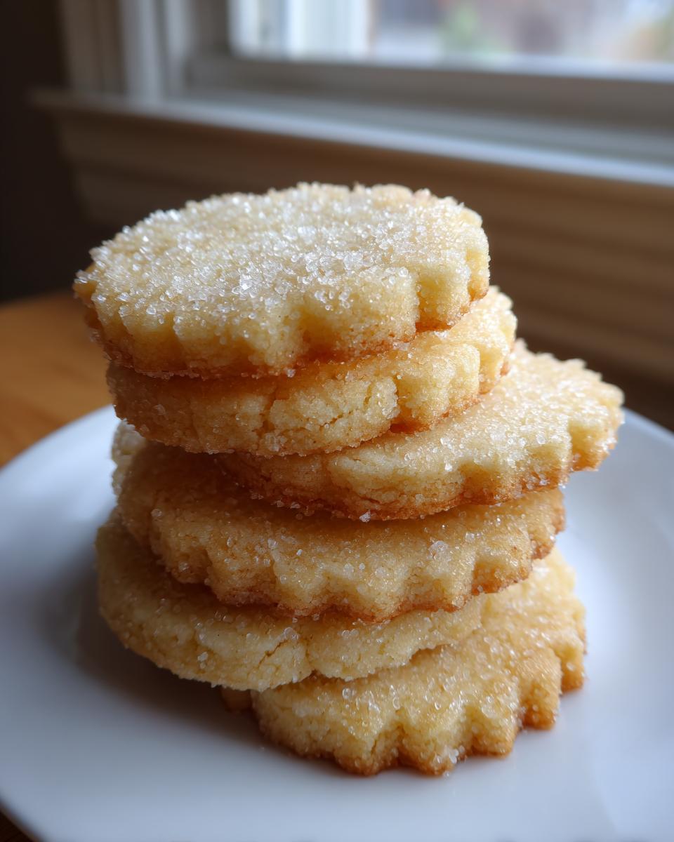 A stack of four golden brown sugar cookies, topped generously with coarse sugar crystals.
