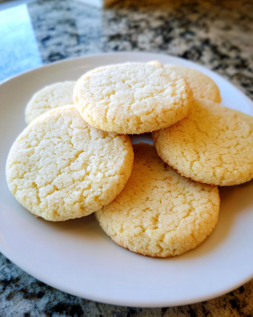 A close-up of several soft, round vegan sugar cookies lightly dusted with sugar on a white plate.