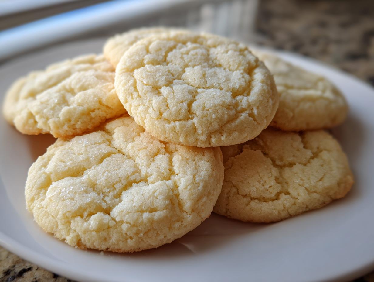 Close-up of several soft, crinkled vegan sugar cookies dusted with sugar on a white plate.