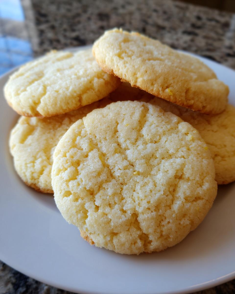 Close-up of several soft, pale yellow vegan sugar cookies stacked slightly on a white plate.