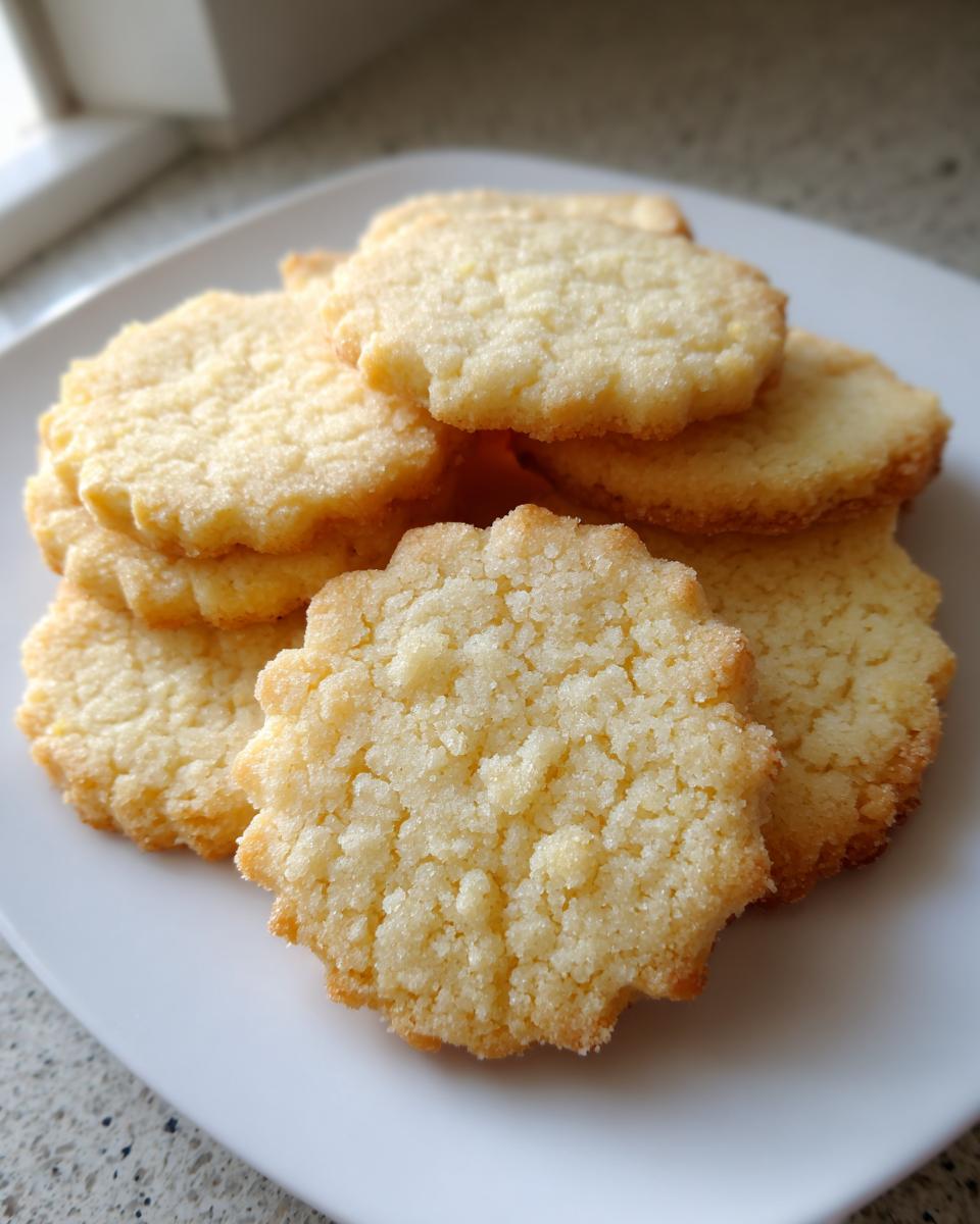 Close-up of a stack of soft, pale yellow vegan sugar cookies with scalloped edges on a white plate.