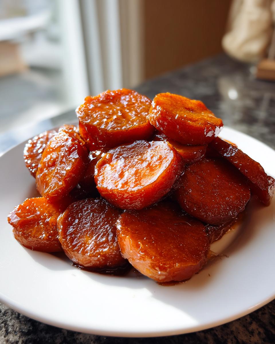 A close-up of sweet, glossy southern candied yams piled high on a white plate, glistening in the light.