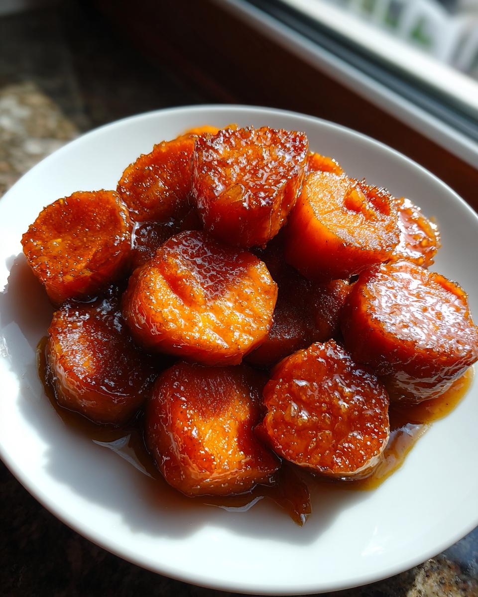 Close-up of glossy, caramelized southern candied yams served in a rich syrup on a white plate.