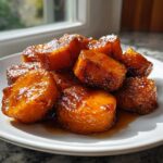 Close-up of glossy, caramelized southern candied yams piled on a white plate near a window.