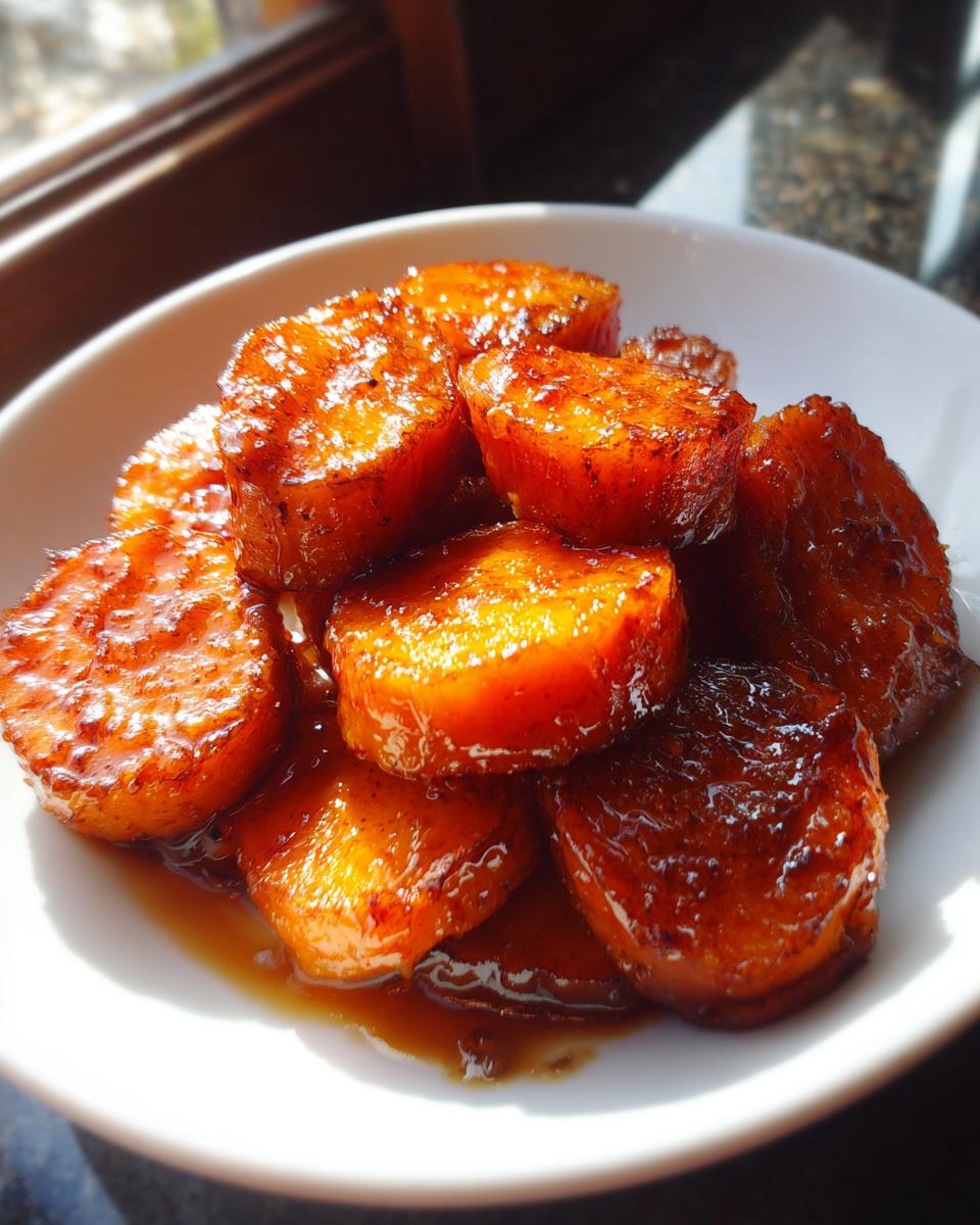 Close-up of thick-cut, glazed southern candied yams piled high in a white serving bowl.