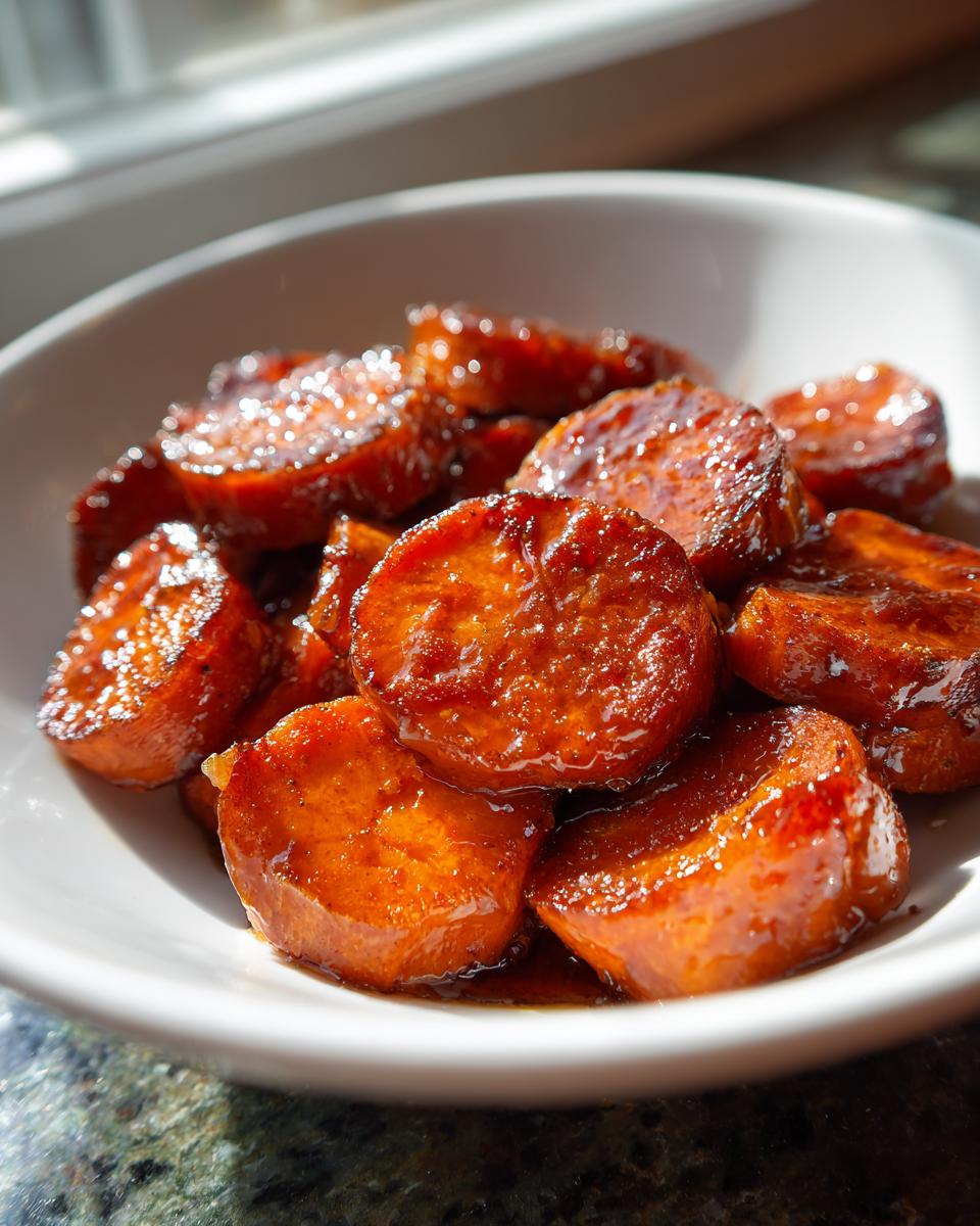 Close-up of glossy, caramelized slices of southern candied yams served in a white bowl.