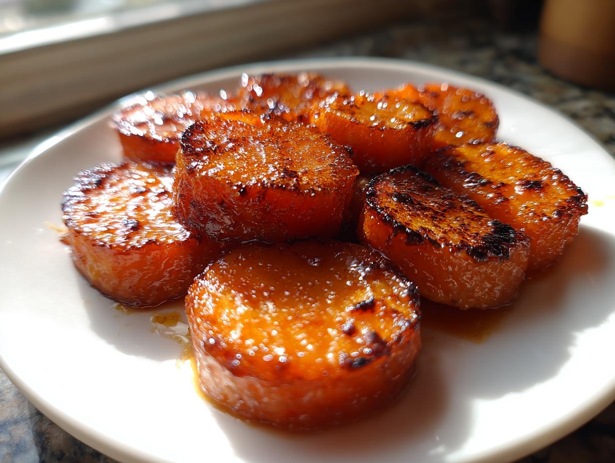 Close-up of perfectly caramelized, glazed slices of southern candied yams resting in syrup on a white plate.
