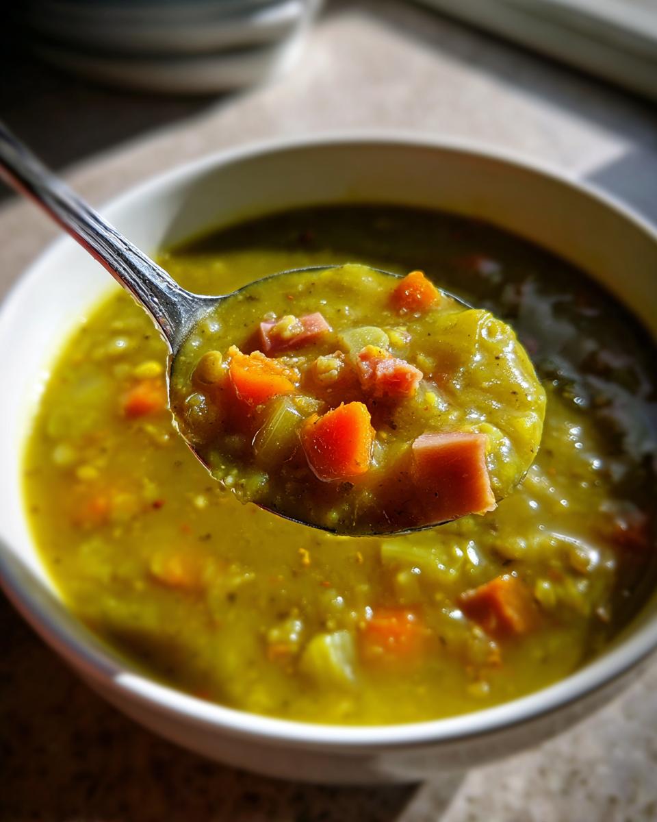 A spoonful of thick, green pea soup with chunks of ham and carrots being lifted from a white bowl.