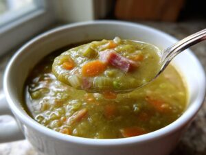 Close-up of a spoonful of thick, green pea soup with chunks of ham, carrots, and celery being lifted from a white bowl.