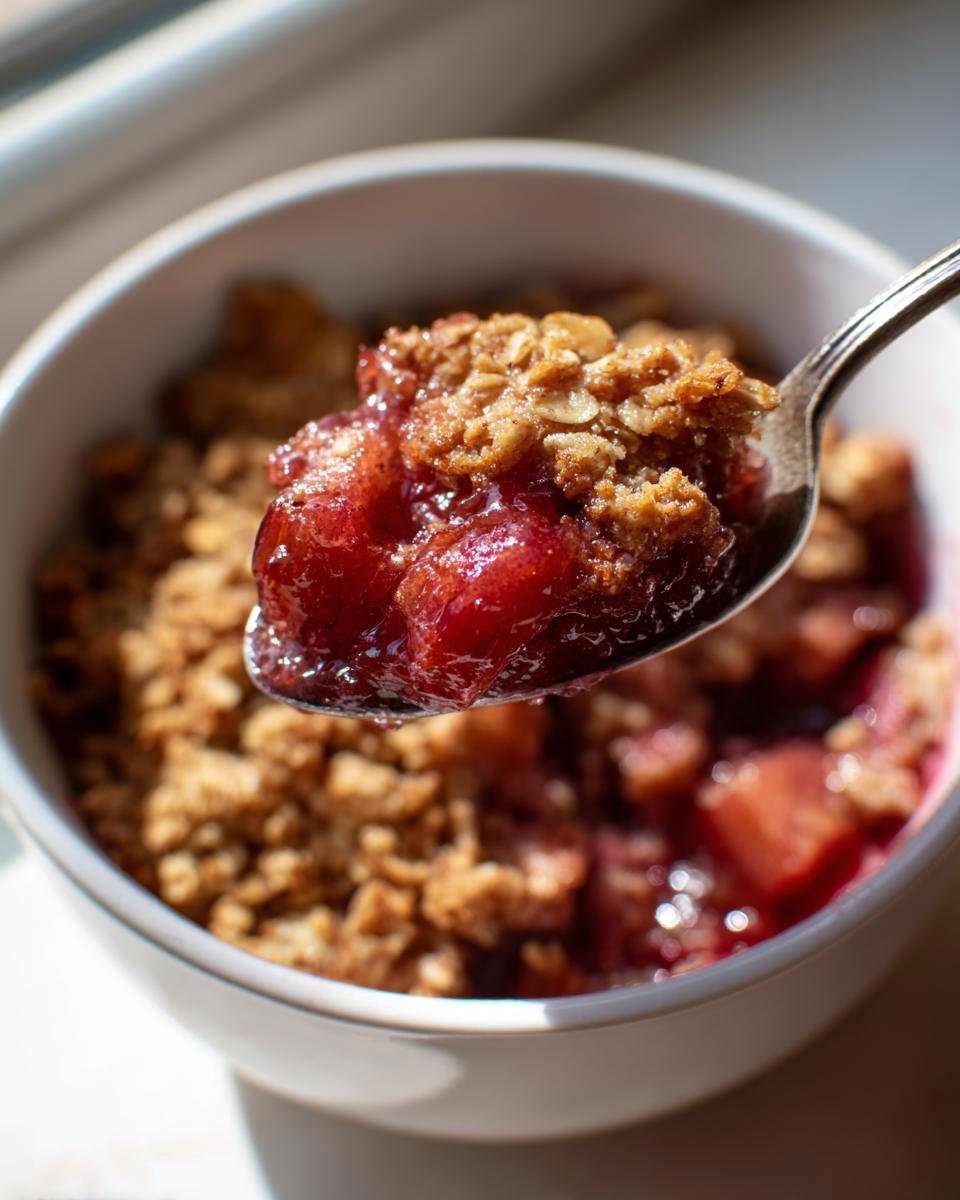 A spoonful of warm, juicy rhubarb crisp with a golden oat topping being lifted from a white bowl.