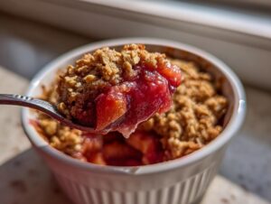A spoonful of warm, gooey rhubarb crisp being lifted from a white ramekin.