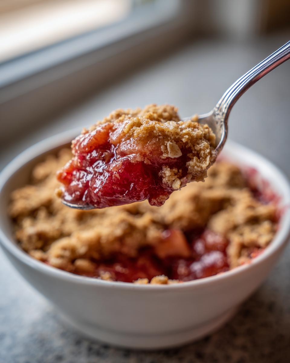 Close-up of a spoonful of juicy, warm rhubarb crisp with a crunchy oat topping.