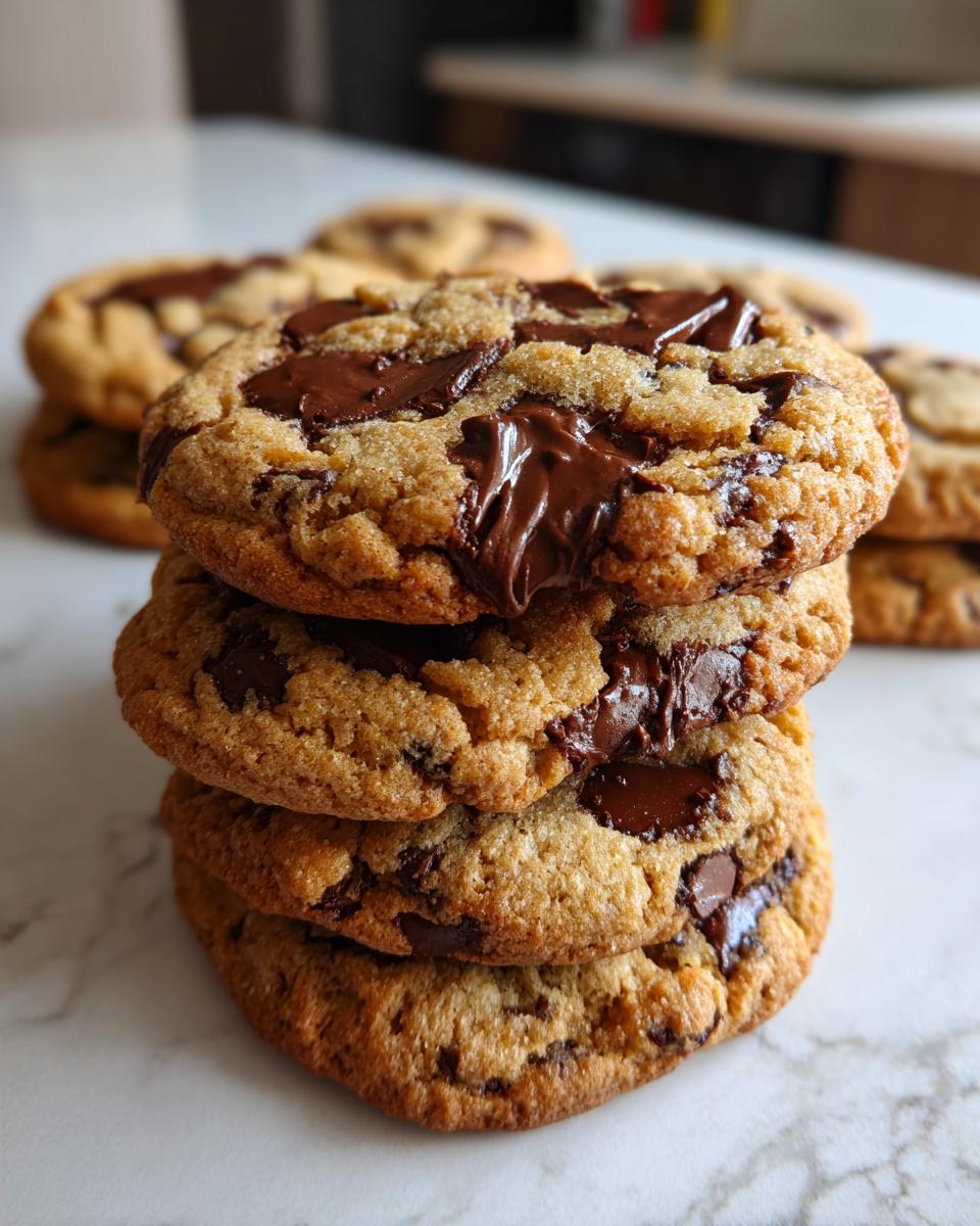A stack of four incredibly chewy chocolate chip cookies featuring pools of melted dark chocolate on a white marble surface.