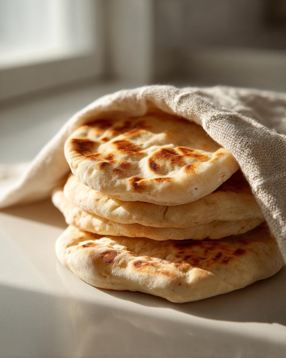 A stack of four freshly baked pita bread rounds, partially covered by a light linen cloth, sitting on a white surface.