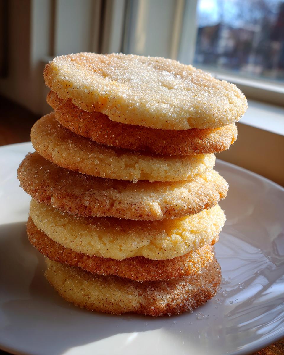A vertical stack of six soft sugar cookies coated in sparkling granulated sugar, placed on a white plate.