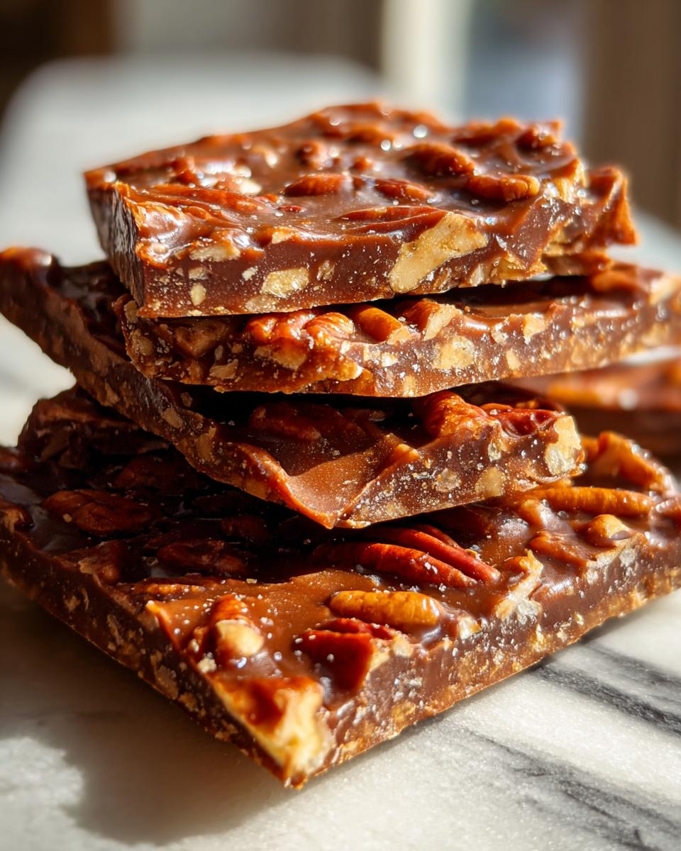 A stack of four rich, glossy squares of homemade Pecan Pie Bark loaded with pecans, resting on a white marble surface.