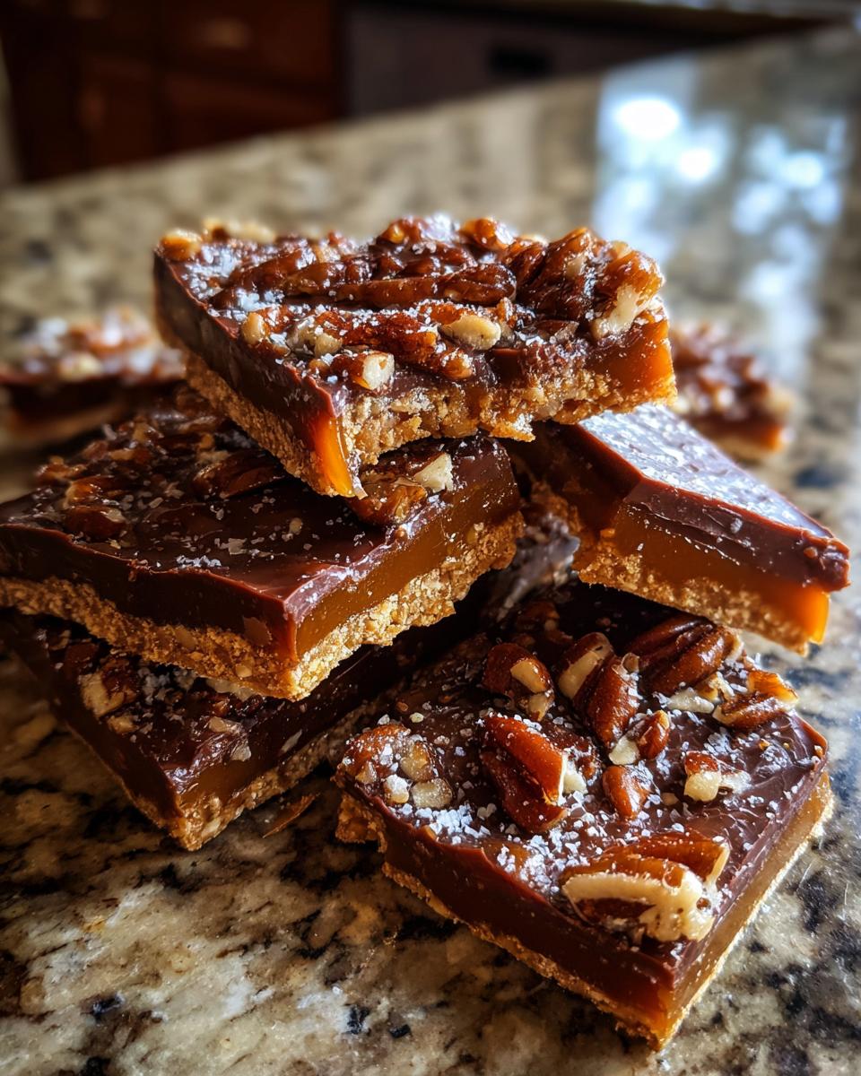 A stack of rich, layered Pecan Pie Bark squares topped with pecans and sea salt on a marble counter.