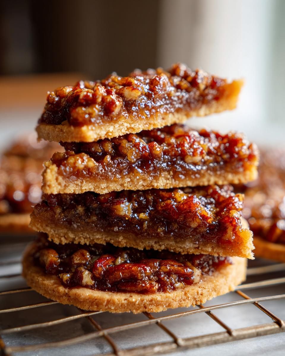 A stack of four delicious pecan pie cookies showing the thick, gooey pecan topping and buttery crust.