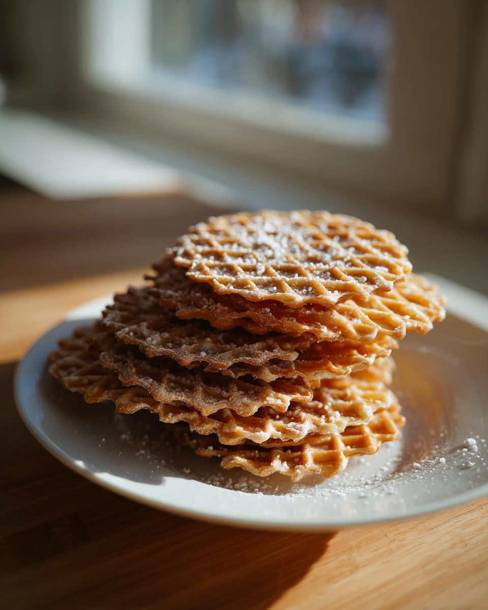 A stack of golden brown pizzelle cookies dusted with powdered sugar, sitting on a white plate in bright sunlight.