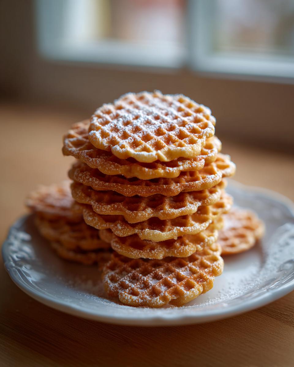 A tall stack of golden brown pizzelle cookies dusted with powdered sugar resting on a white plate.