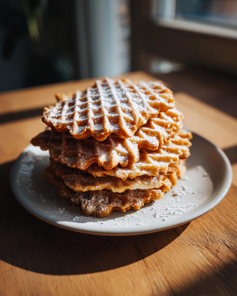A stack of golden brown pizzelle cookies dusted heavily with powdered sugar, resting on a light plate.