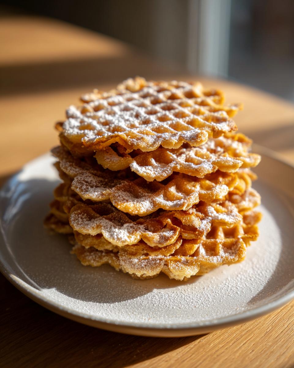 A tall stack of golden brown pizzelle cookies dusted generously with powdered sugar on a light gray plate.