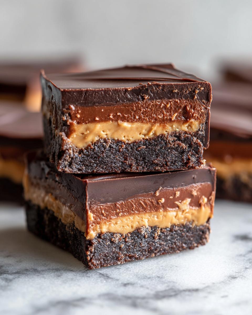 Two stacked squares of multi-layered buckeye fudge showing a dark chocolate base, peanut butter layer, and chocolate ganache topping.