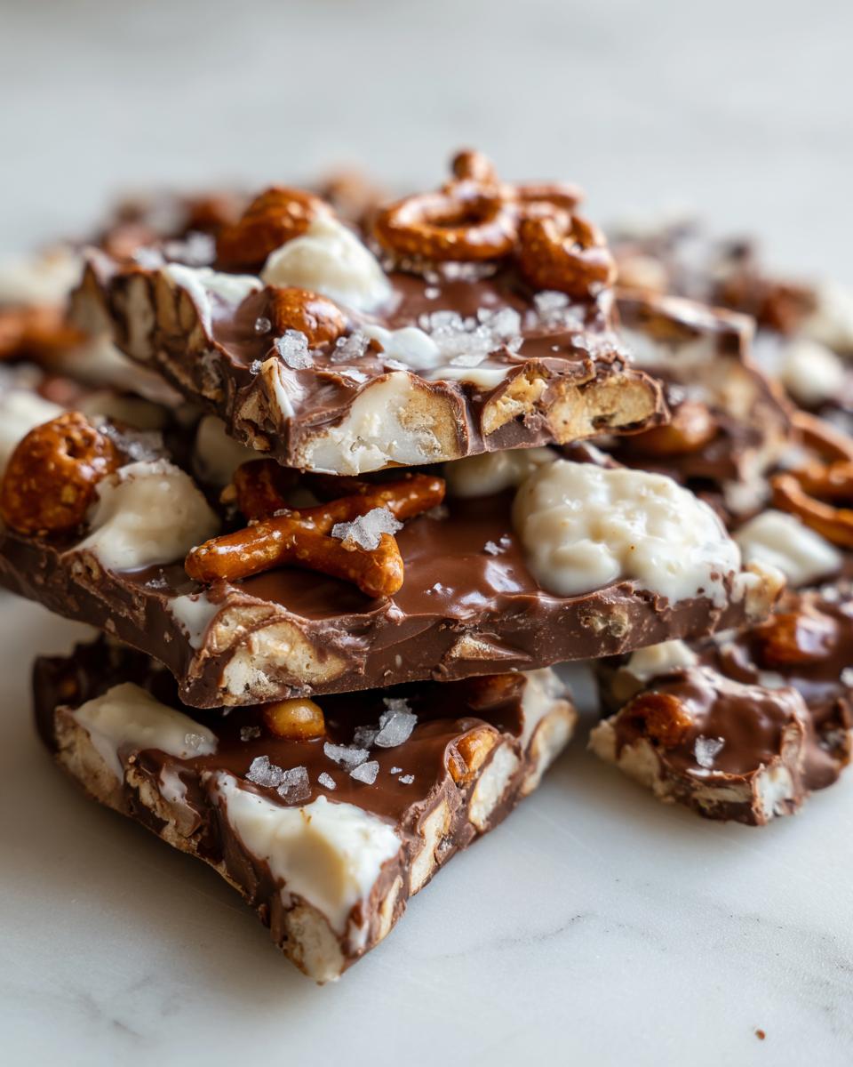 Close-up of stacked pieces of peanut butter pretzel bark featuring chocolate, pretzels, and sea salt.