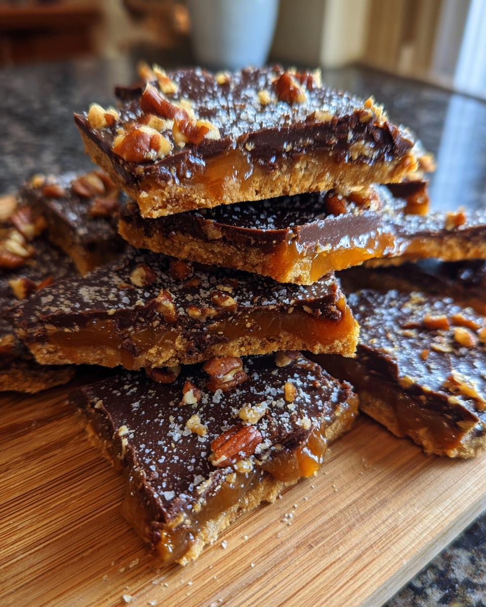 Close-up of stacked squares of Amazing Pecan Pie Bark with caramel, chocolate, and pecans.