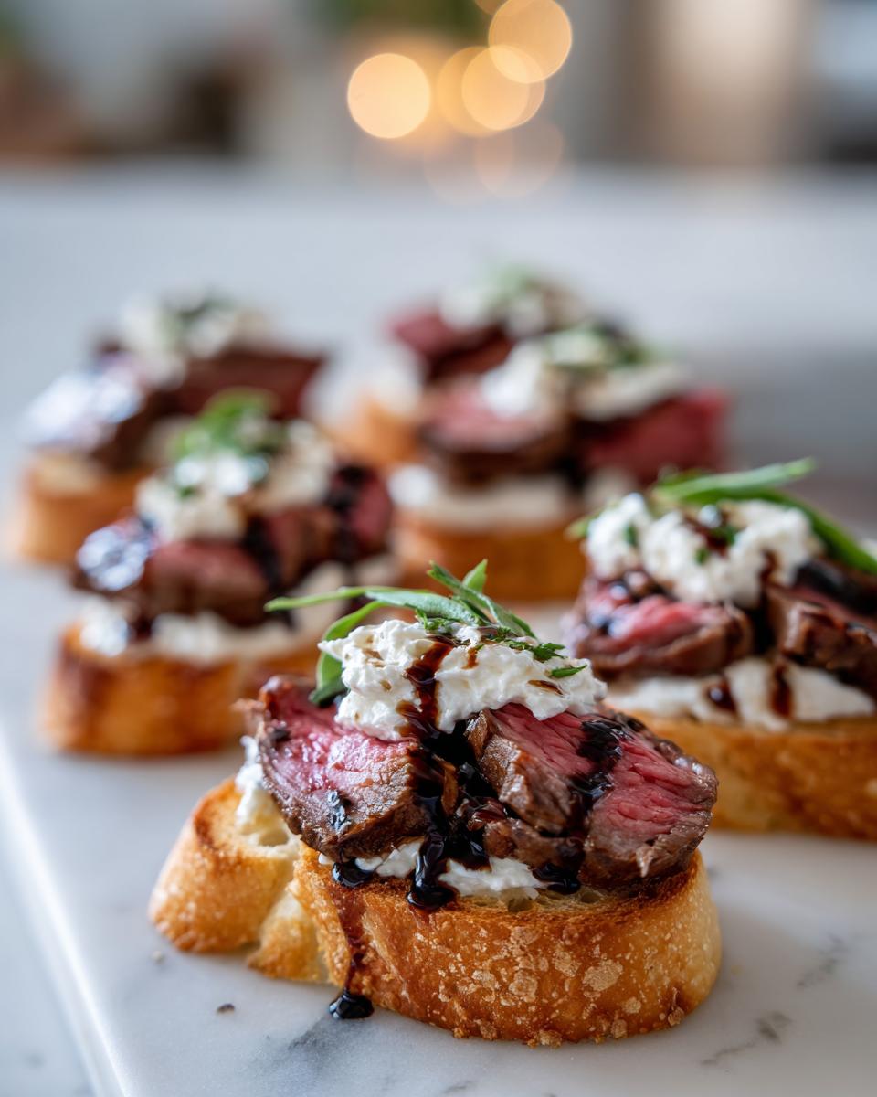 Close-up of perfectly cooked steak crostini topped with whipped cheese, balsamic glaze, and herbs.